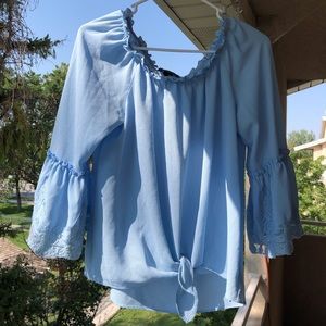 baby blue off the shoulder lace blouse, size M